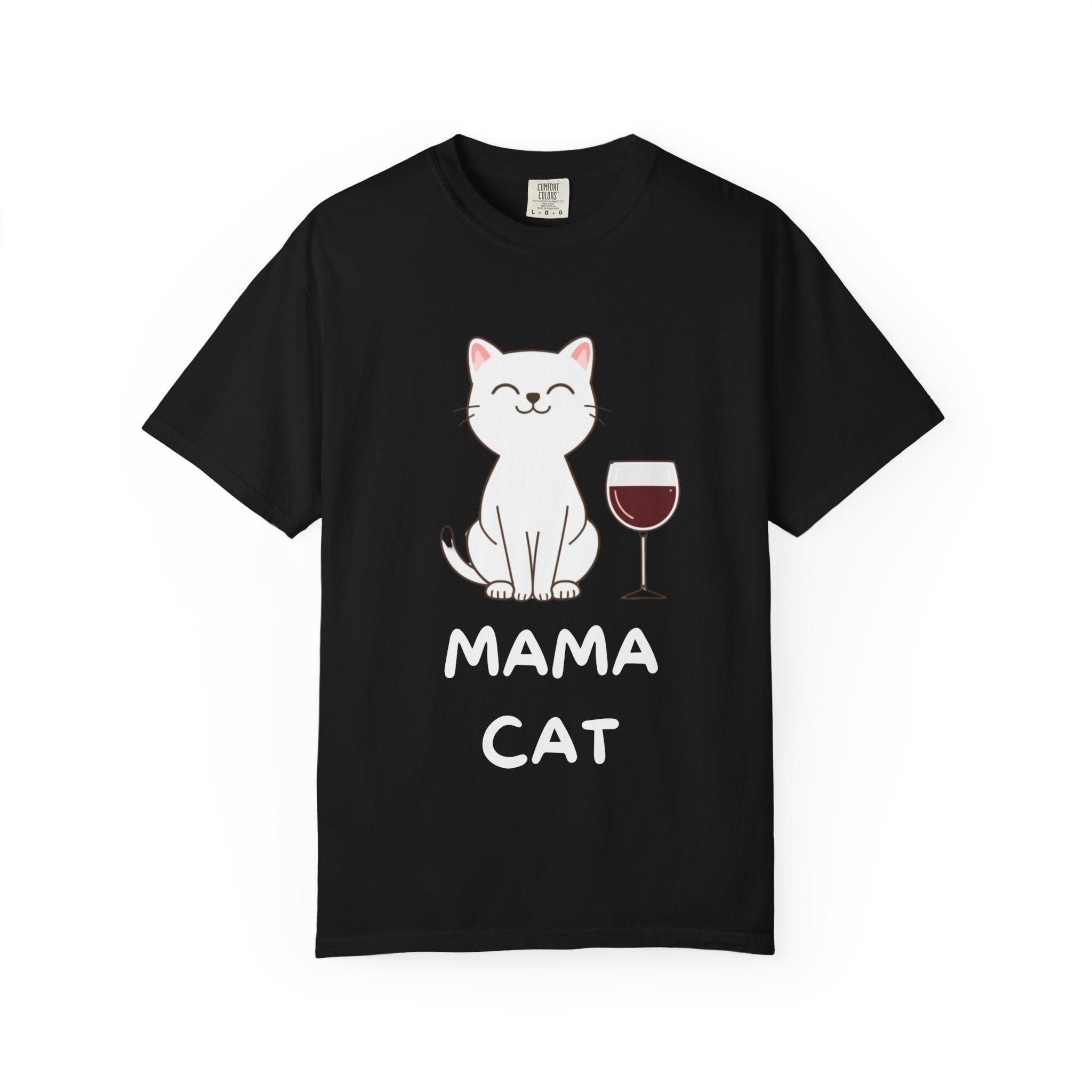 Mama Cat T-Shirt — Cute Cat & Wine Graphic Tee for Cat Moms