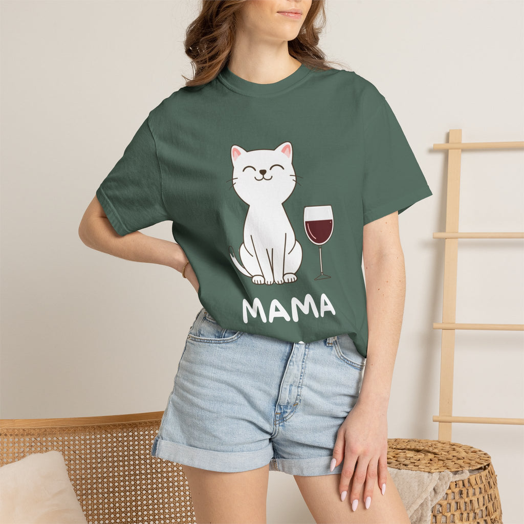 Mama Cat T-Shirt — Cute Cat & Wine Graphic Tee for Cat Moms
