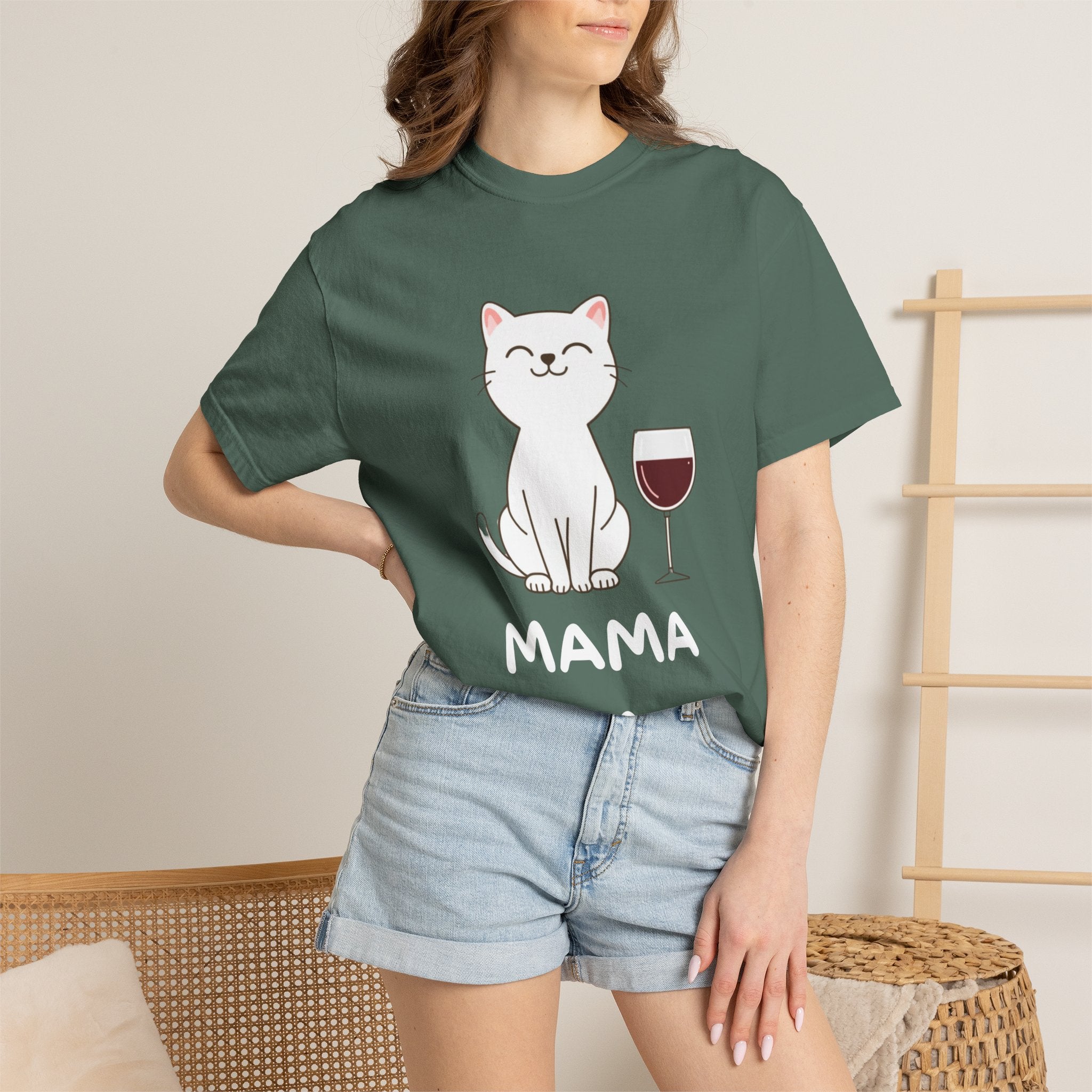Mama Cat T-Shirt — Cute Cat & Wine Graphic Tee for Cat Moms