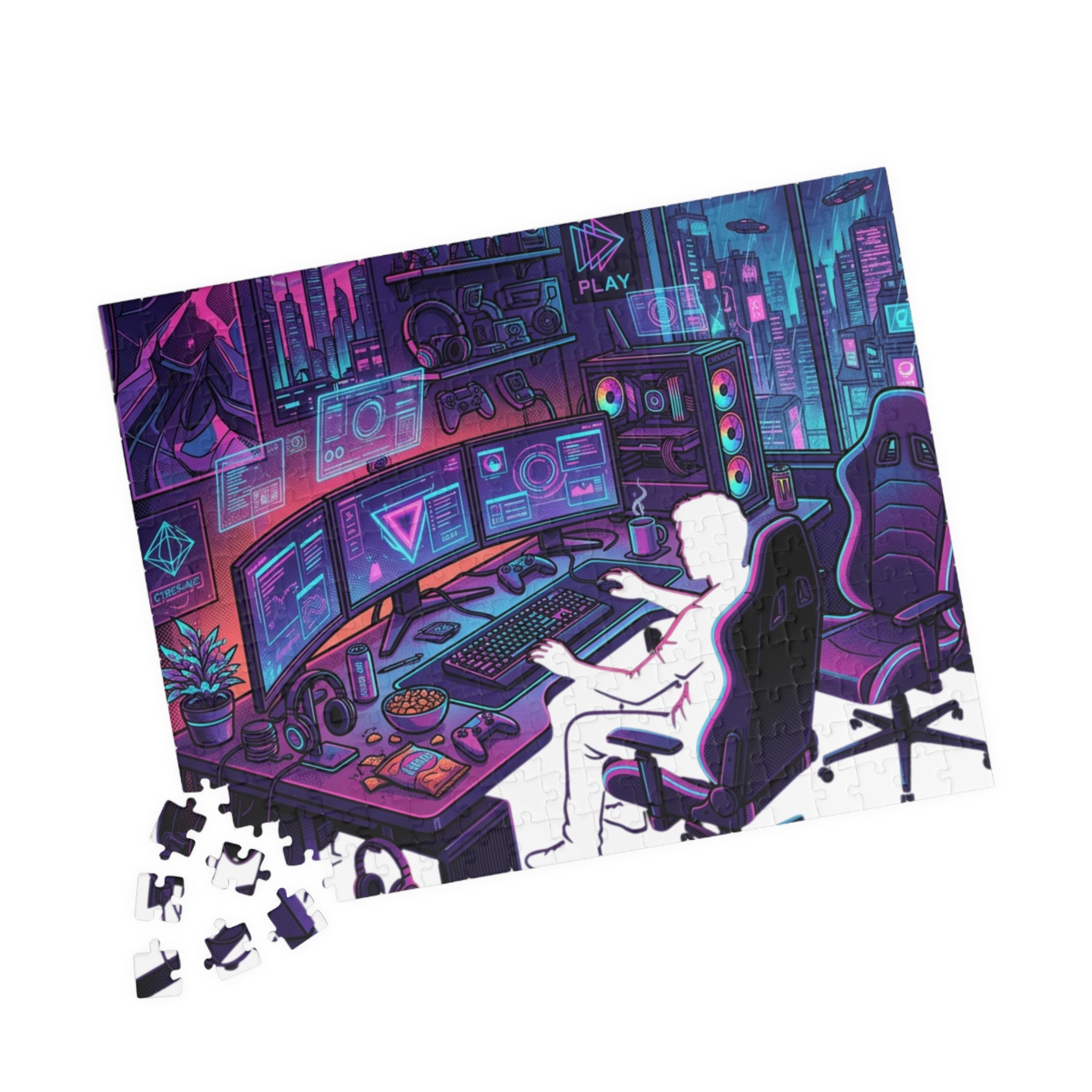 Gaming Setup Jigsaw Puzzle — Neon Cyberpunk Streamer Scene (110/252/520/1014 pcs)