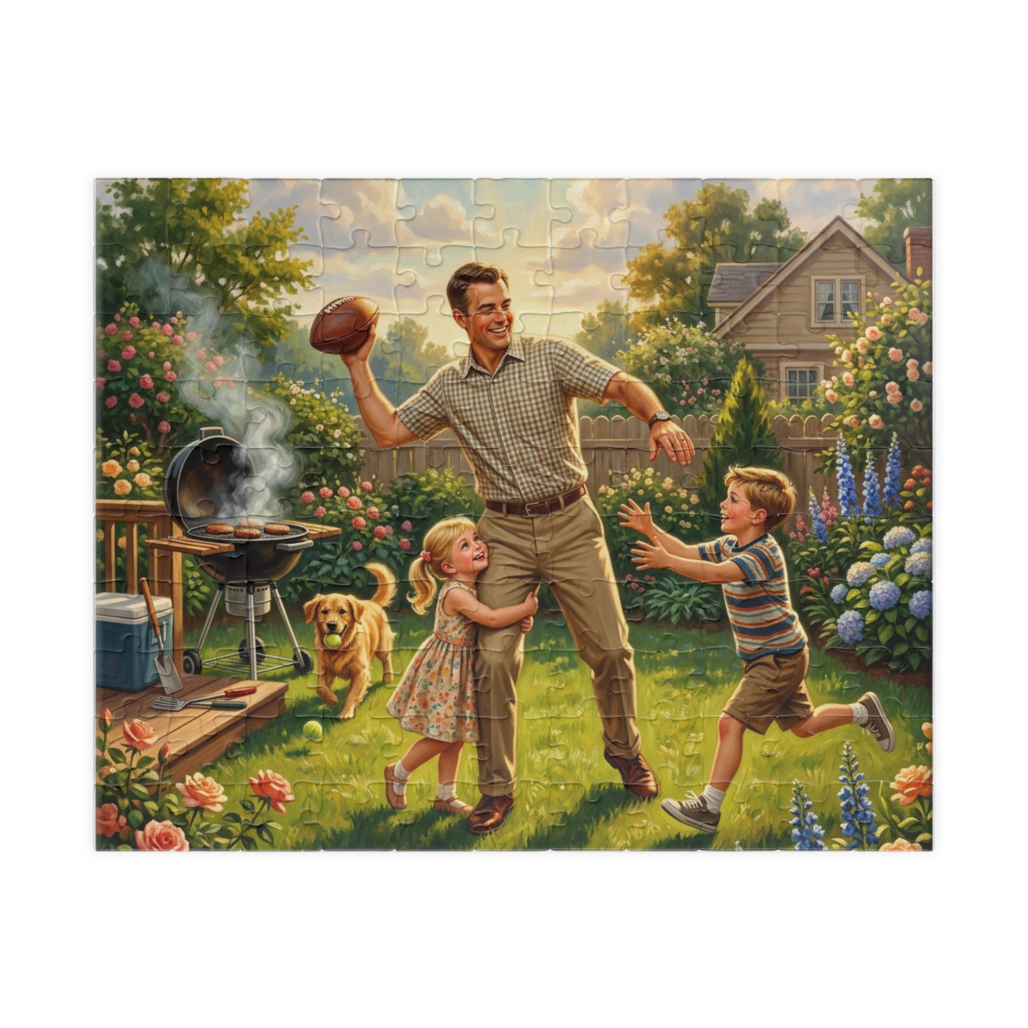 Backyard Family Football Puzzle — Vintage Dad Playing with Kids (110–520pcs)