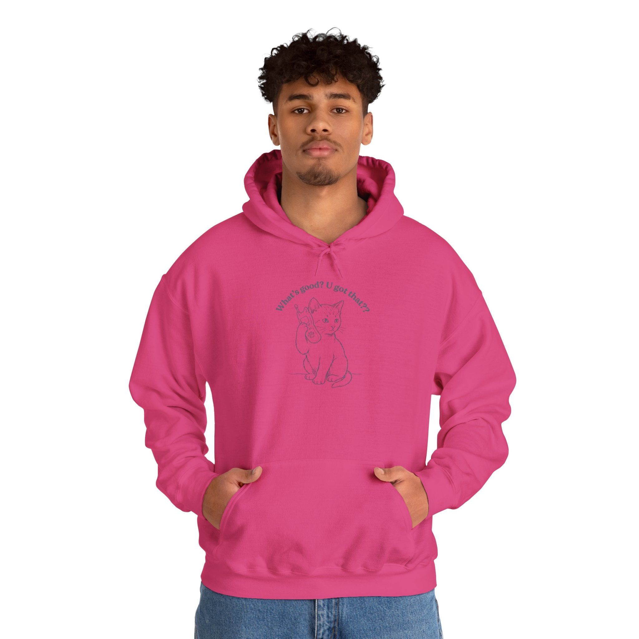 Fun Cat on Phone Hoodie — "What’s good? You got that??"
