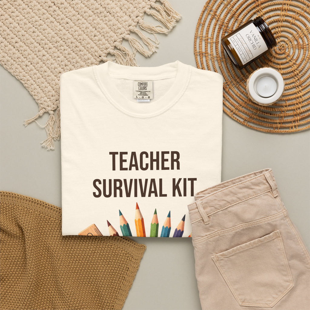 Teacher Survival Kit T-Shirt — Cute Pencil & Mug Graphic Tee for Teachers, Back-to-School Gift