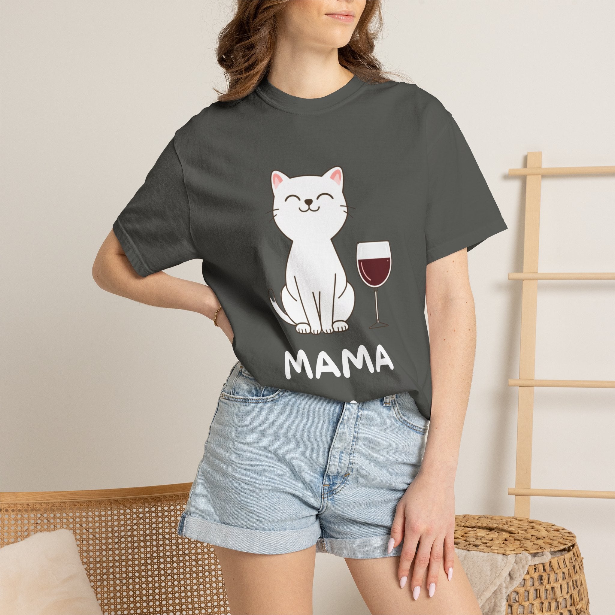 Mama Cat T-Shirt — Cute Cat & Wine Graphic Tee for Cat Moms