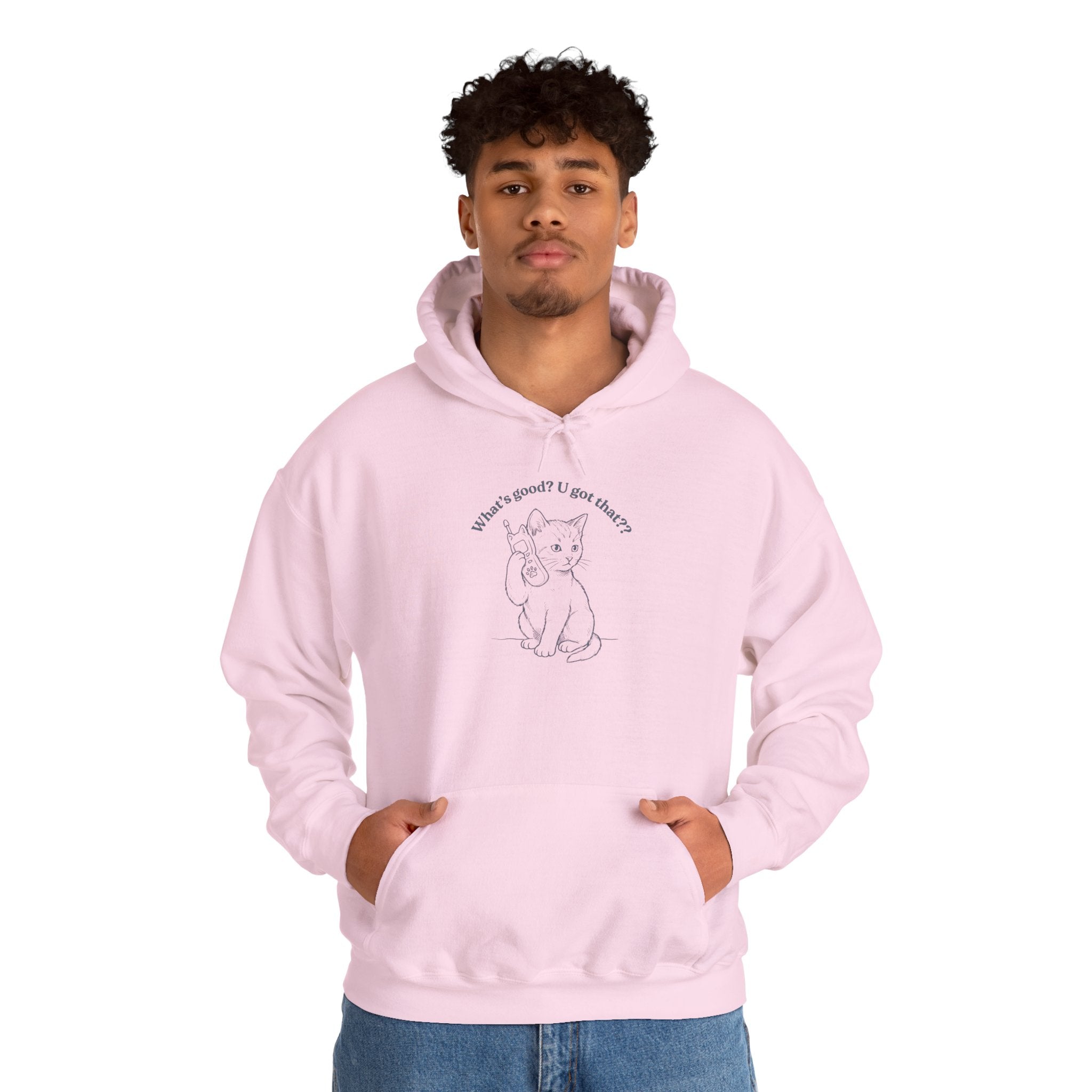 Fun Cat on Phone Hoodie — "What’s good? You got that??"