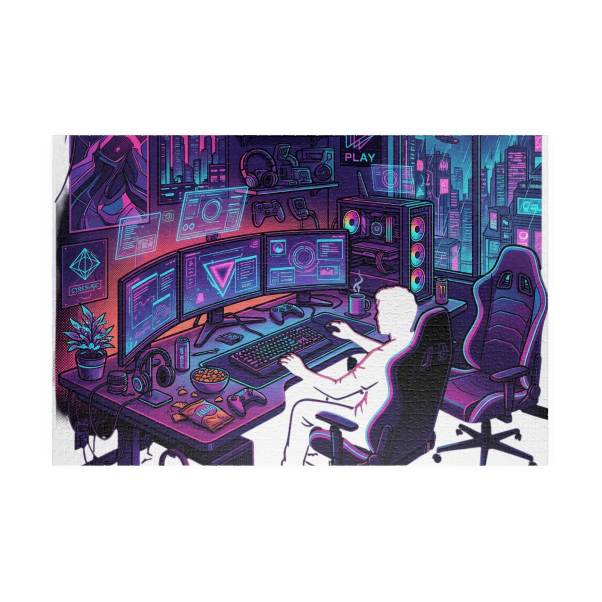 Gaming Setup Jigsaw Puzzle — Neon Cyberpunk Streamer Scene (110/252/520/1014 pcs)