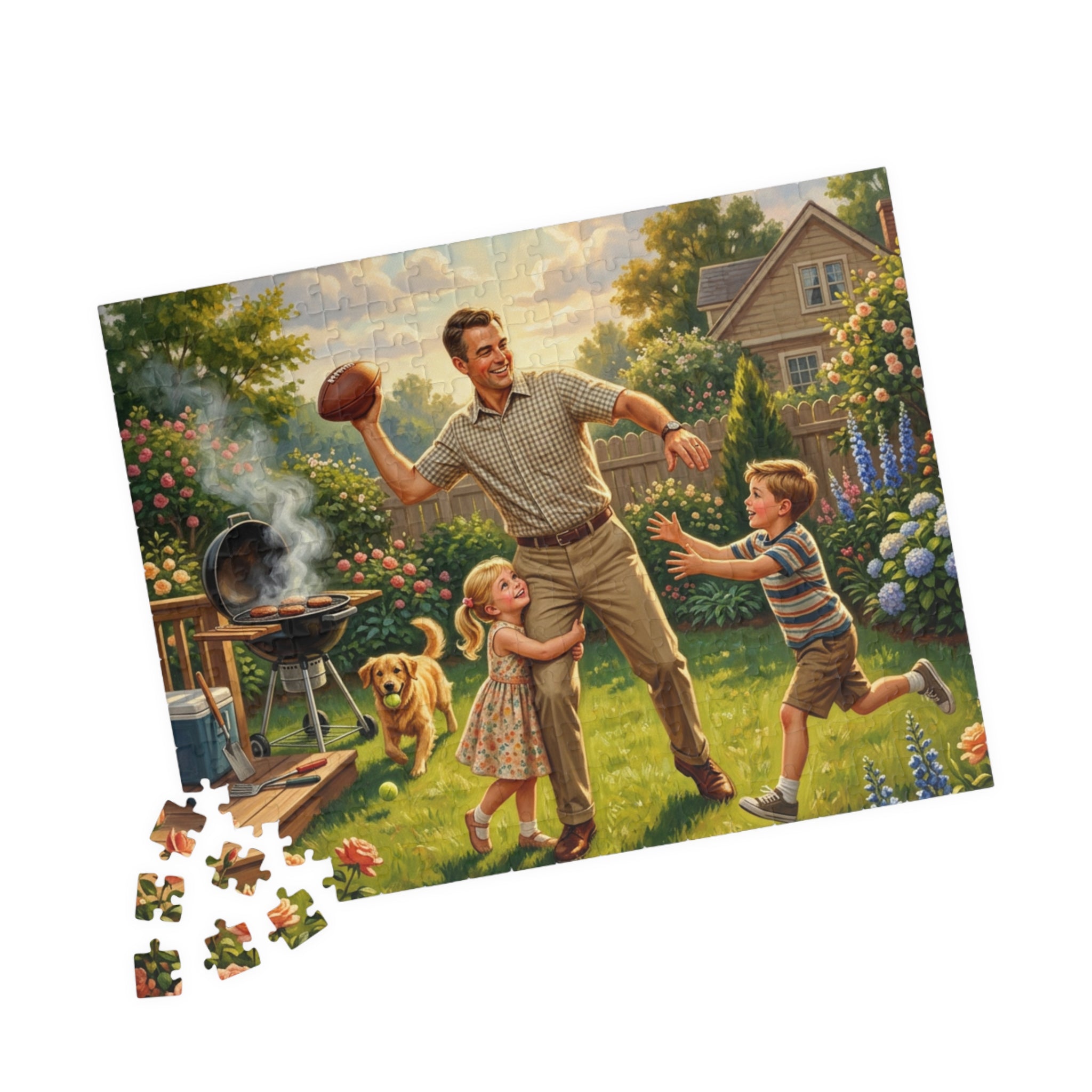 Backyard Family Football Puzzle — Vintage Dad Playing with Kids (110–520pcs)