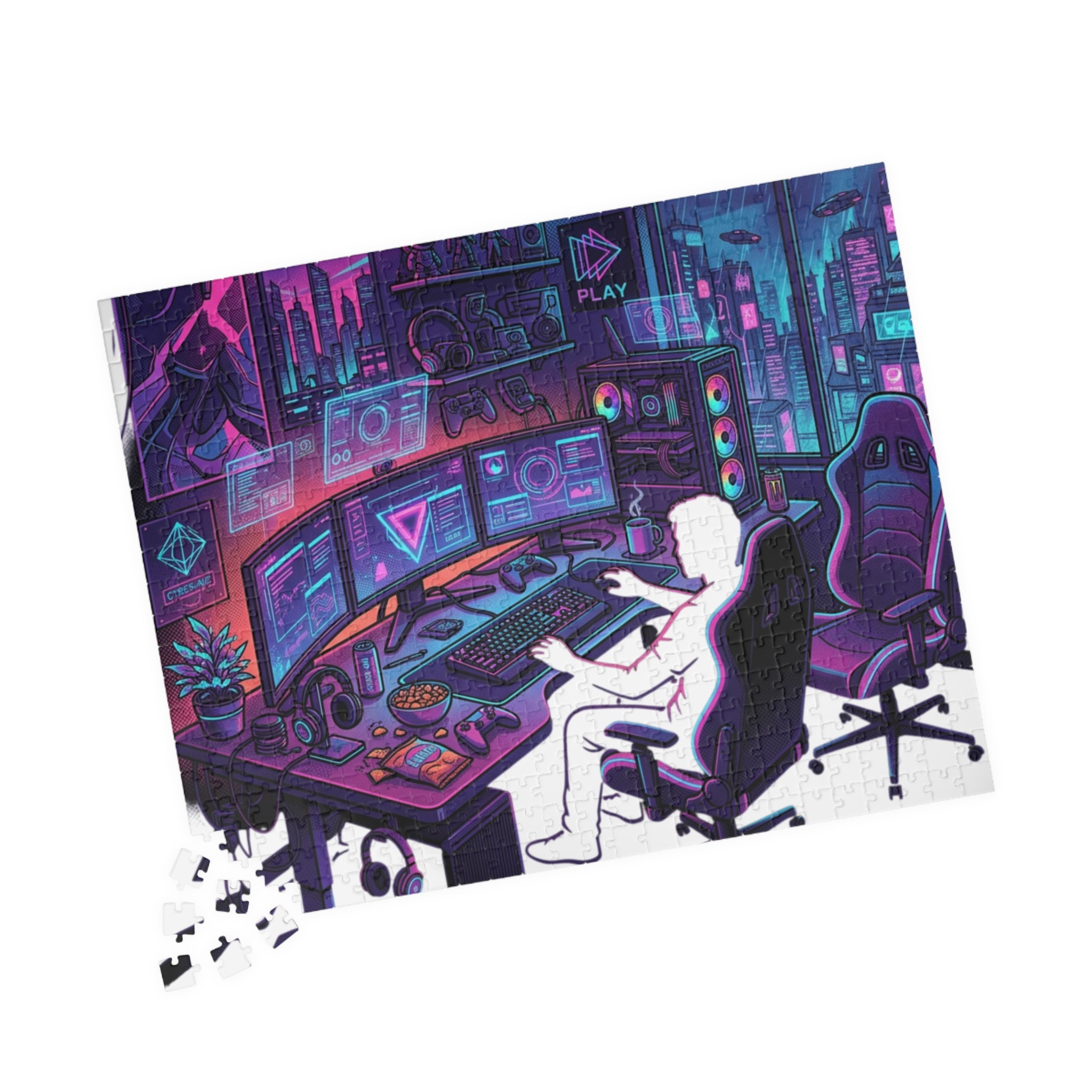 Gaming Setup Jigsaw Puzzle — Neon Cyberpunk Streamer Scene (110/252/520/1014 pcs)