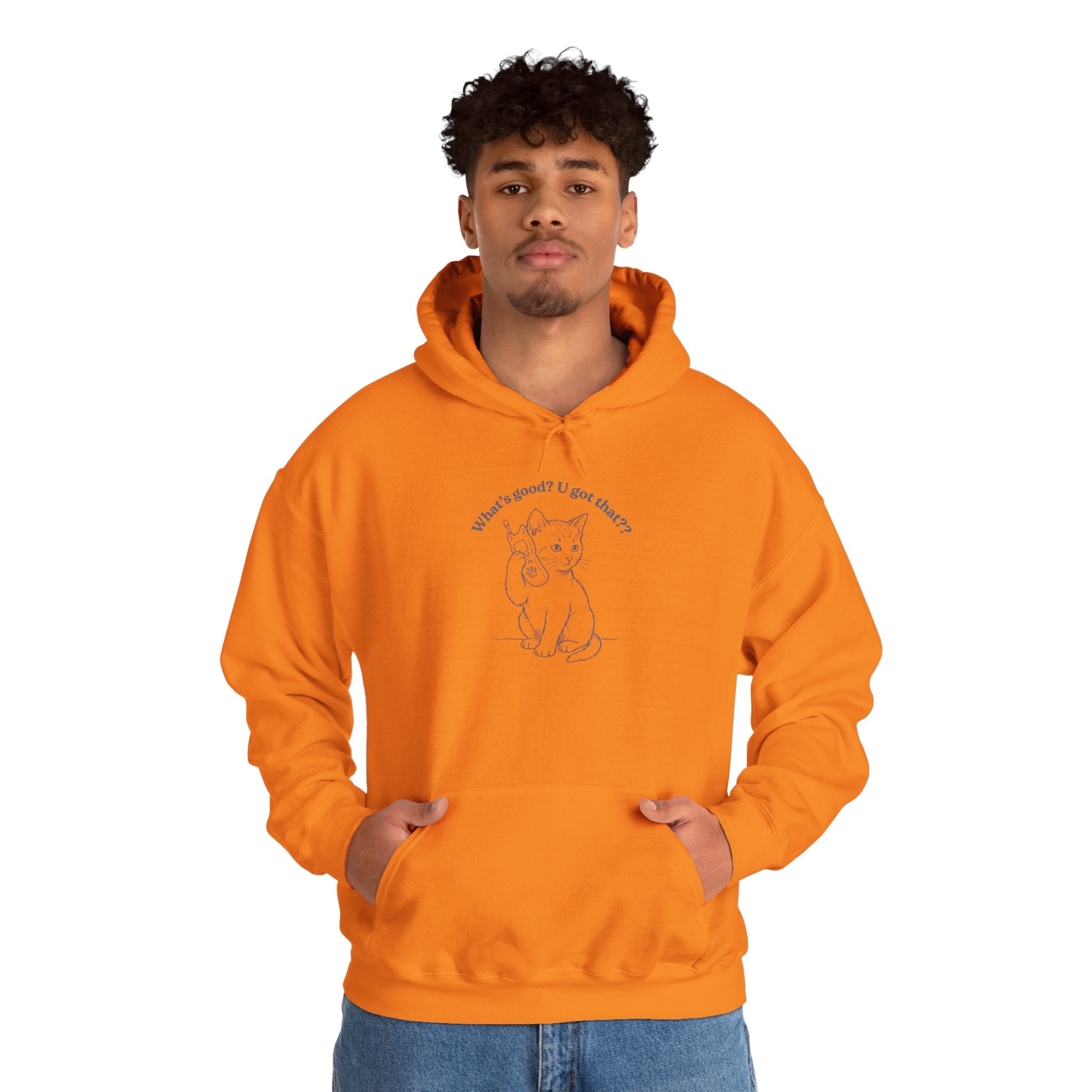 Fun Cat on Phone Hoodie — "What’s good? You got that??"