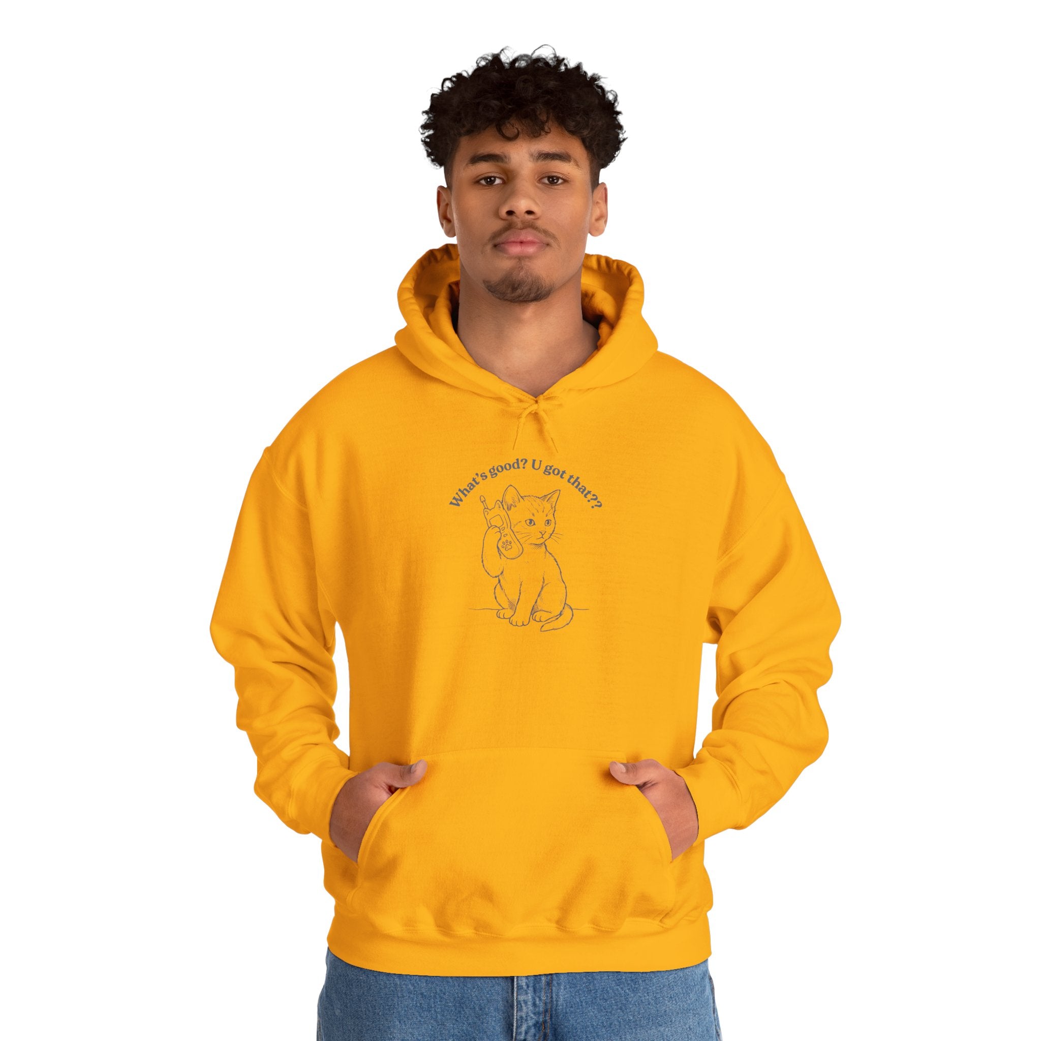 Fun Cat on Phone Hoodie — "What’s good? You got that??"