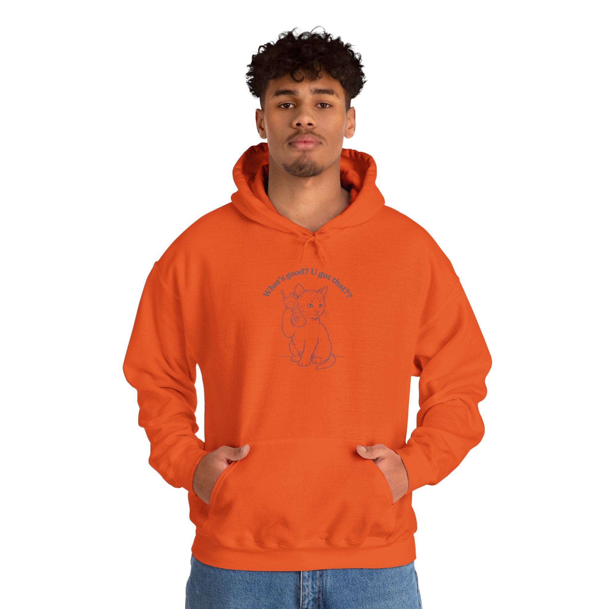 Fun Cat on Phone Hoodie — "What’s good? You got that??"