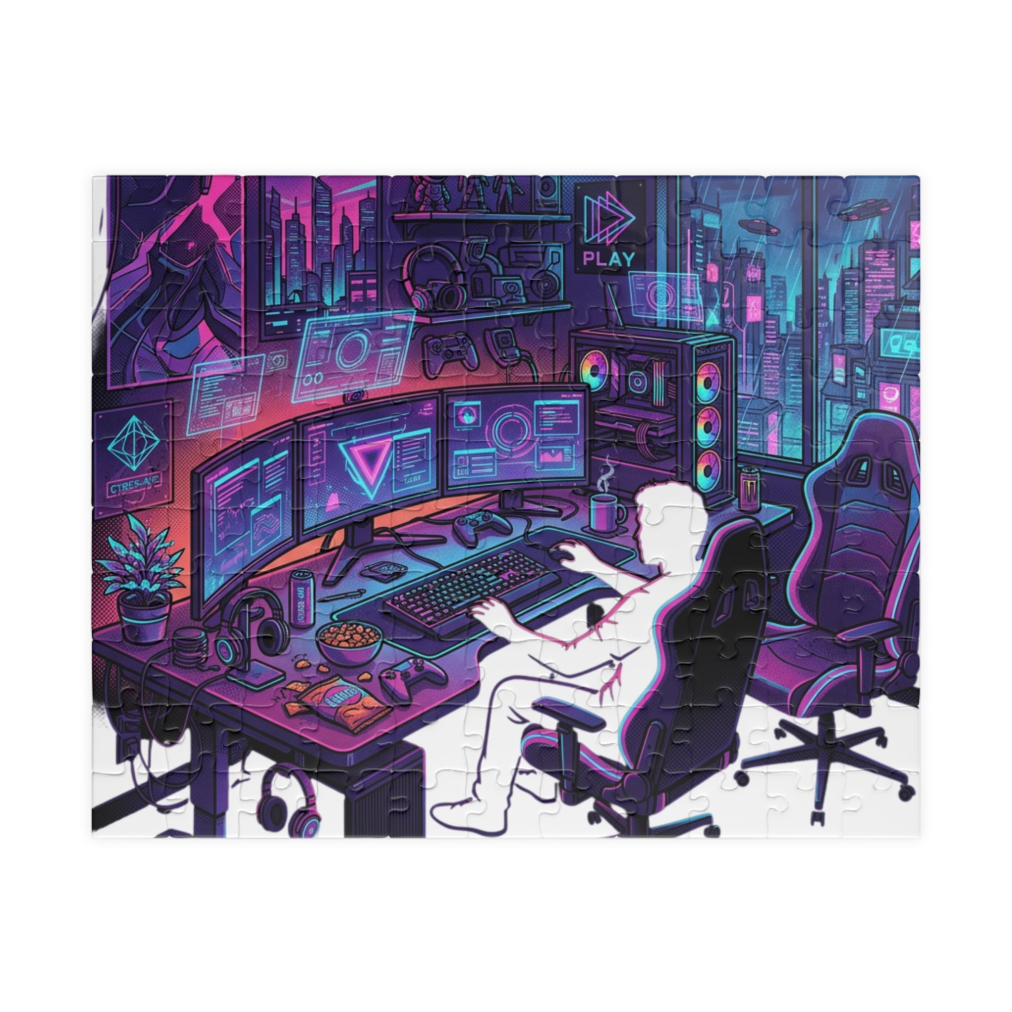 Gaming Setup Jigsaw Puzzle — Neon Cyberpunk Streamer Scene (110/252/520/1014 pcs)
