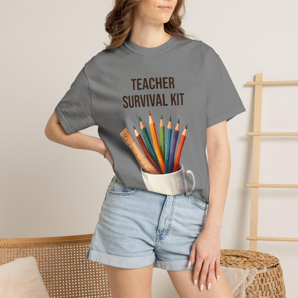 Teacher Survival Kit T-Shirt — Cute Pencil & Mug Graphic Tee for Teachers, Back-to-School Gift