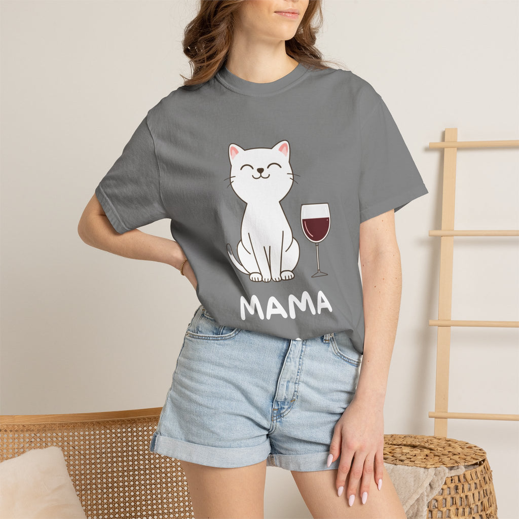 Mama Cat T-Shirt — Cute Cat & Wine Graphic Tee for Cat Moms