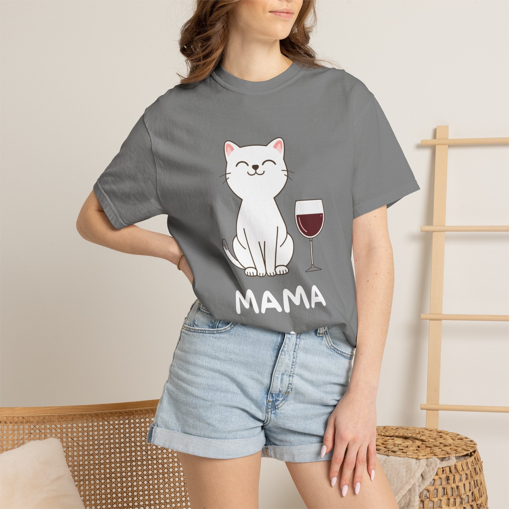 Mama Cat T-Shirt — Cute Cat & Wine Graphic Tee for Cat Moms
