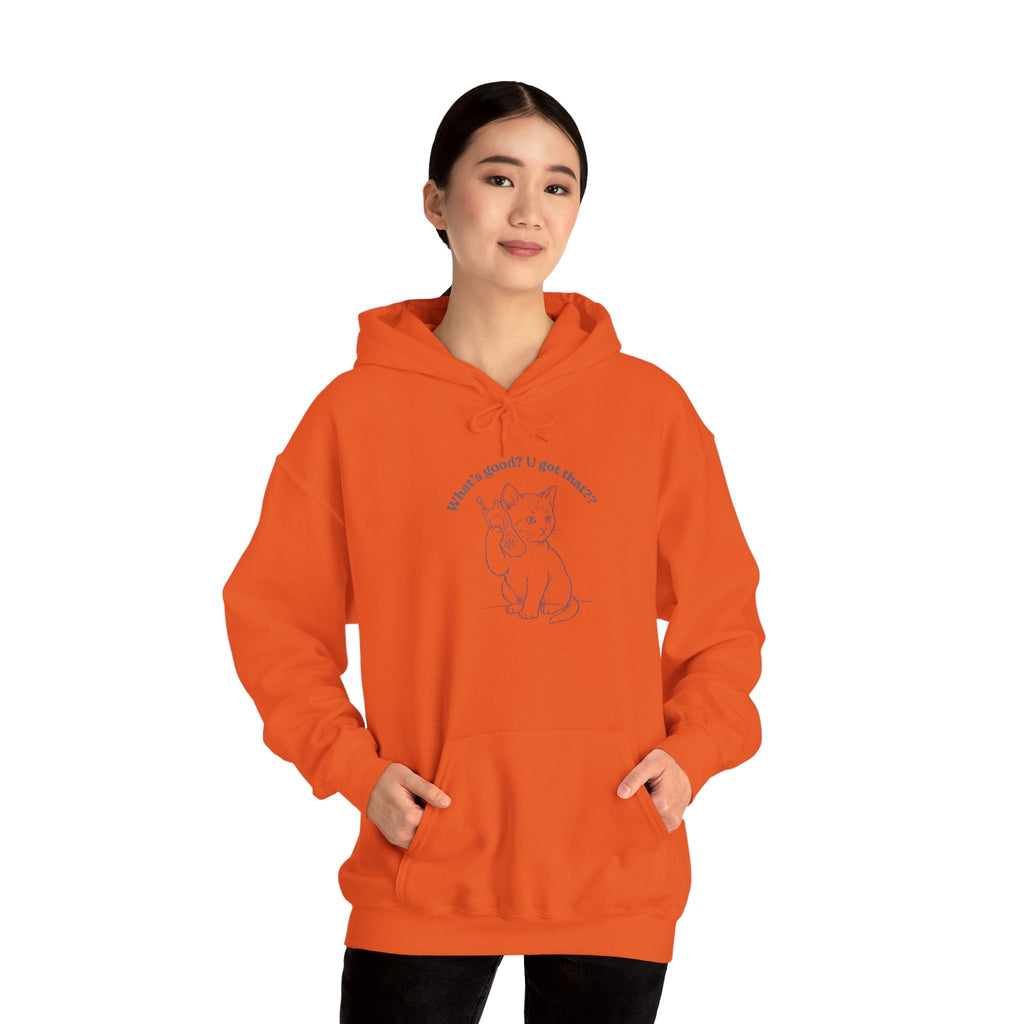 Fun Cat on Phone Hoodie — "What’s good? You got that??"
