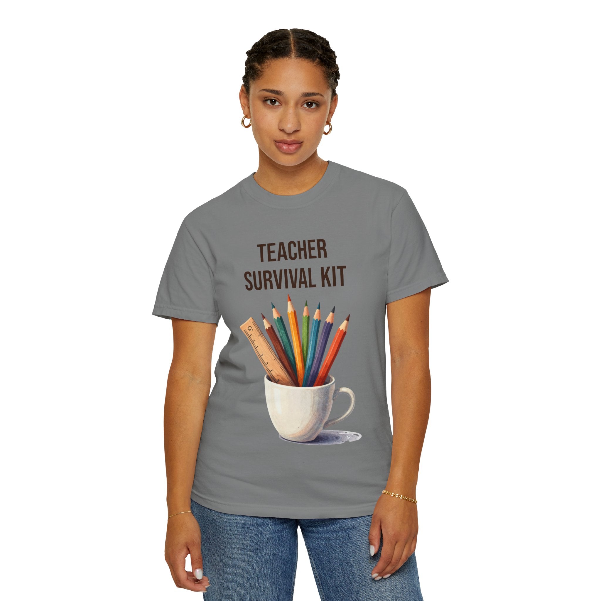 Teacher Survival Kit T-Shirt — Cute Pencil & Mug Graphic Tee for Teachers, Back-to-School Gift