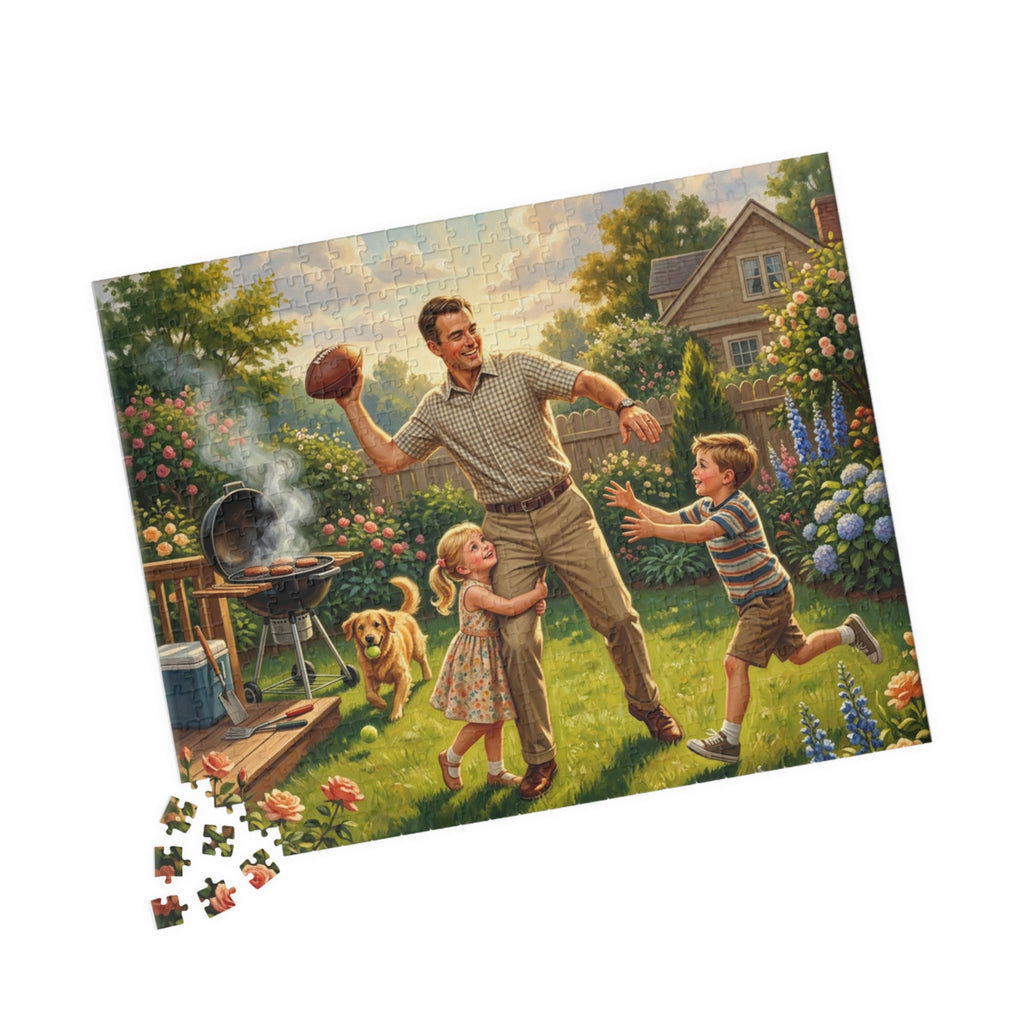 Backyard Family Football Puzzle — Vintage Dad Playing with Kids (110–520pcs)