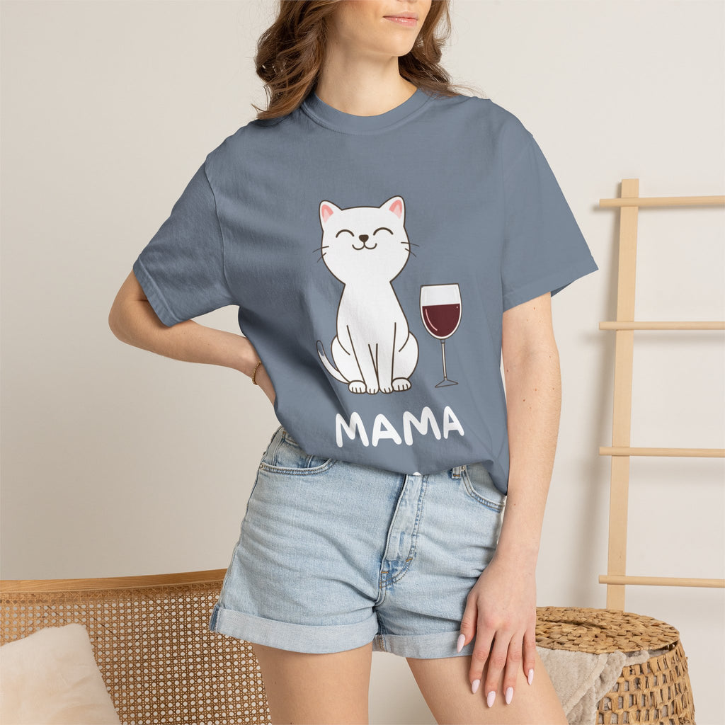 Mama Cat T-Shirt — Cute Cat & Wine Graphic Tee for Cat Moms