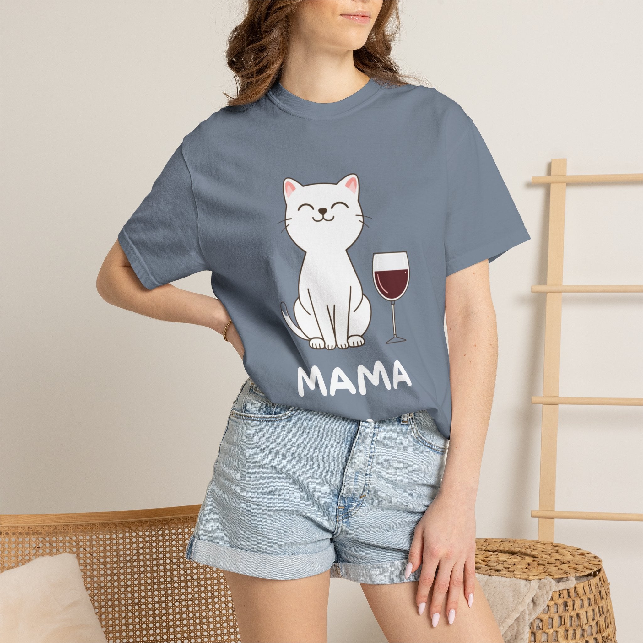 Mama Cat T-Shirt — Cute Cat & Wine Graphic Tee for Cat Moms