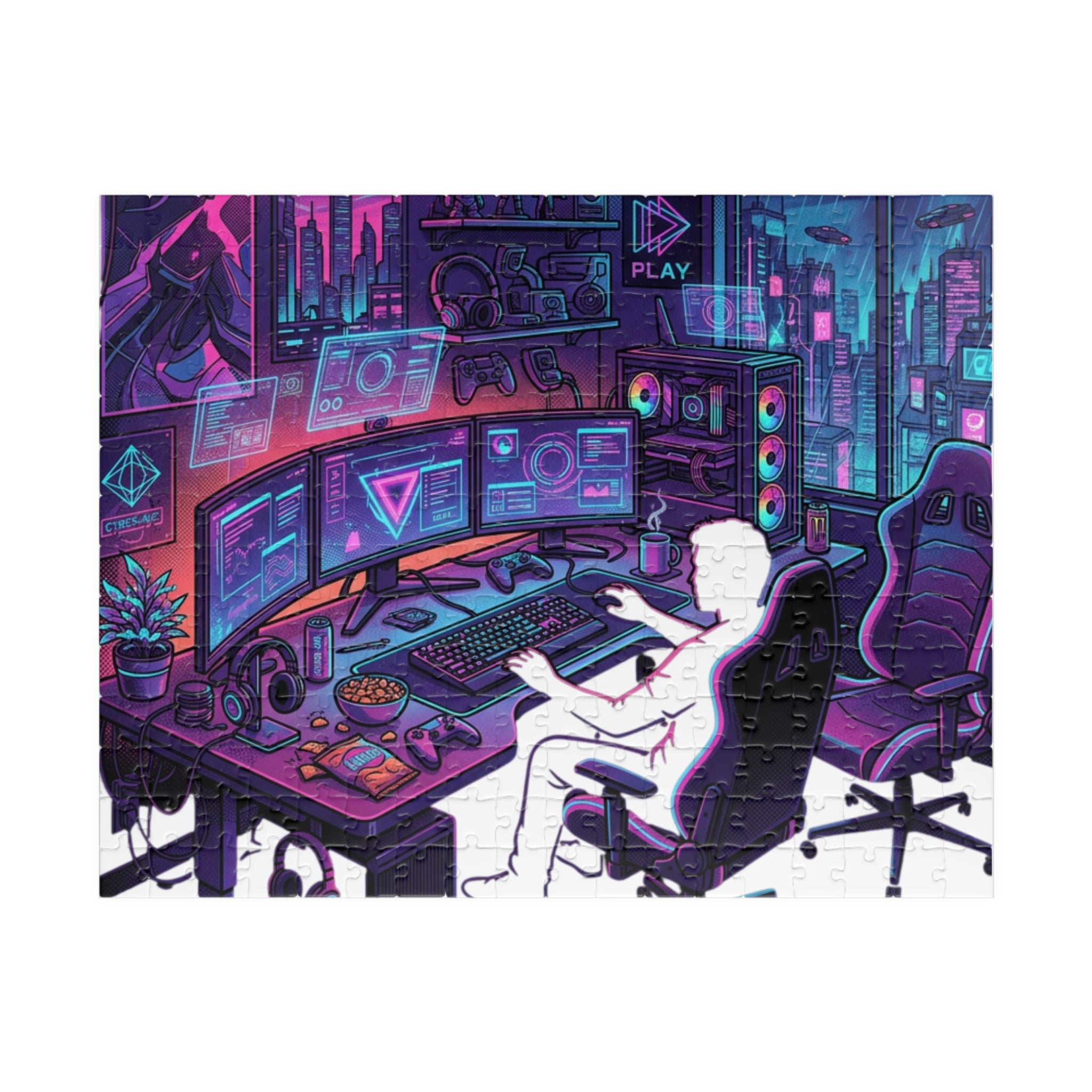 Gaming Setup Jigsaw Puzzle — Neon Cyberpunk Streamer Scene (110/252/520/1014 pcs)