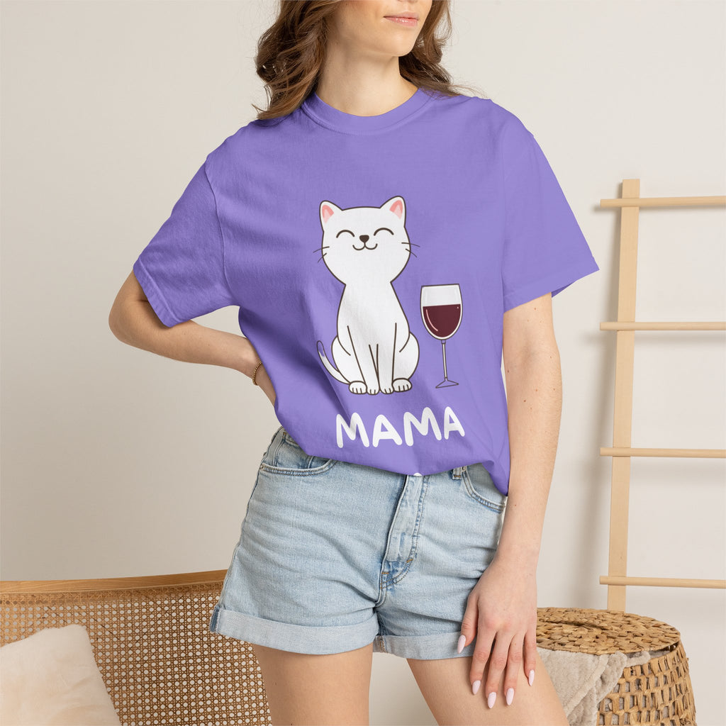 Mama Cat T-Shirt — Cute Cat & Wine Graphic Tee for Cat Moms