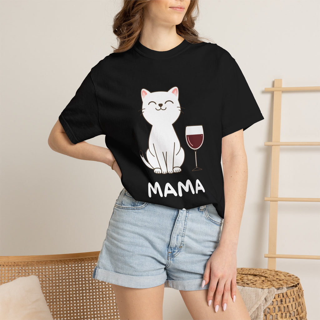 Mama Cat T-Shirt — Cute Cat & Wine Graphic Tee for Cat Moms