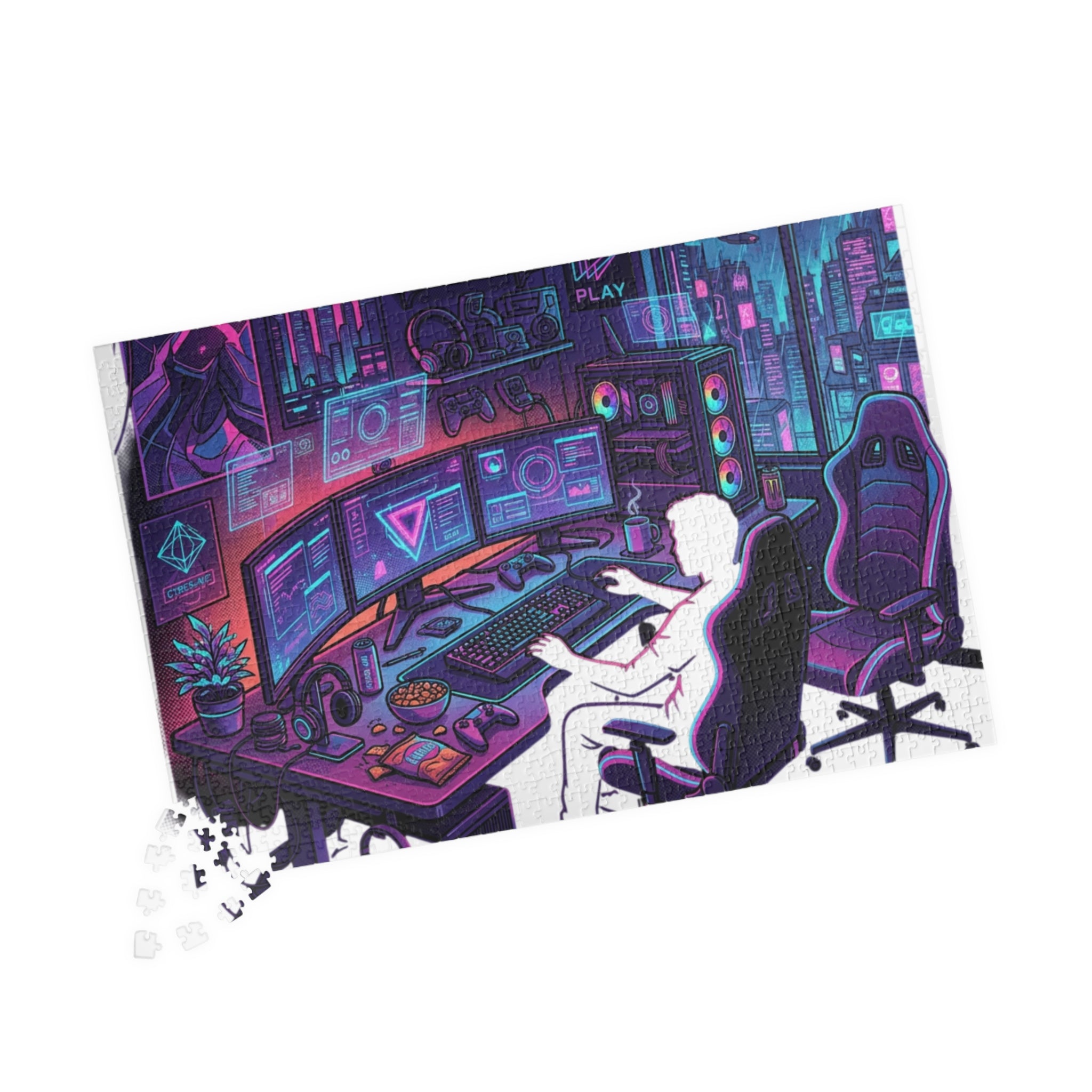 Gaming Setup Jigsaw Puzzle — Neon Cyberpunk Streamer Scene (110/252/520/1014 pcs)