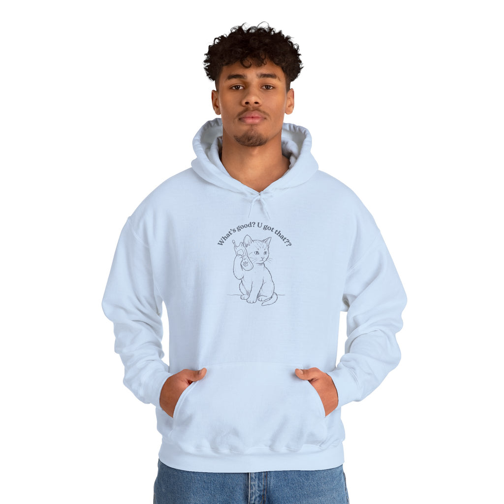 Fun Cat on Phone Hoodie — "What’s good? You got that??"
