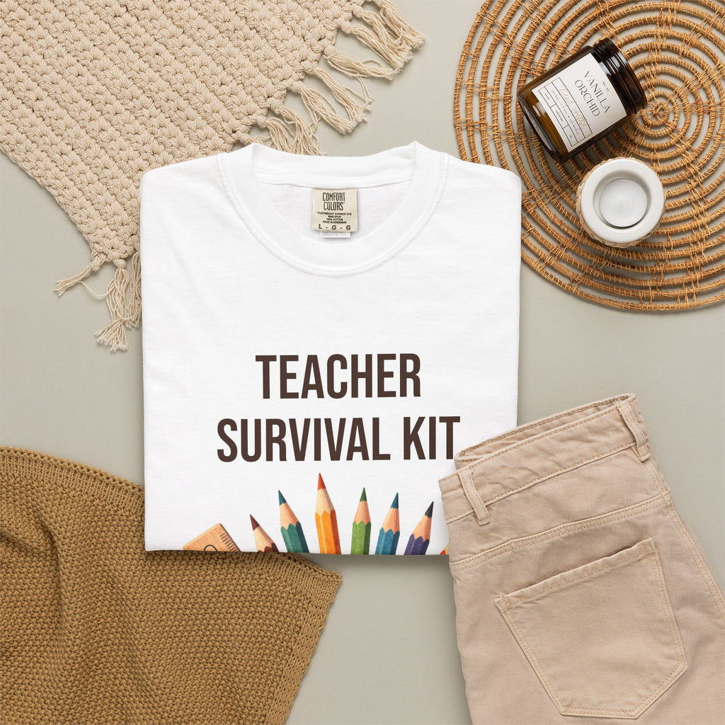 Teacher Survival Kit T-Shirt — Cute Pencil & Mug Graphic Tee for Teachers, Back-to-School Gift