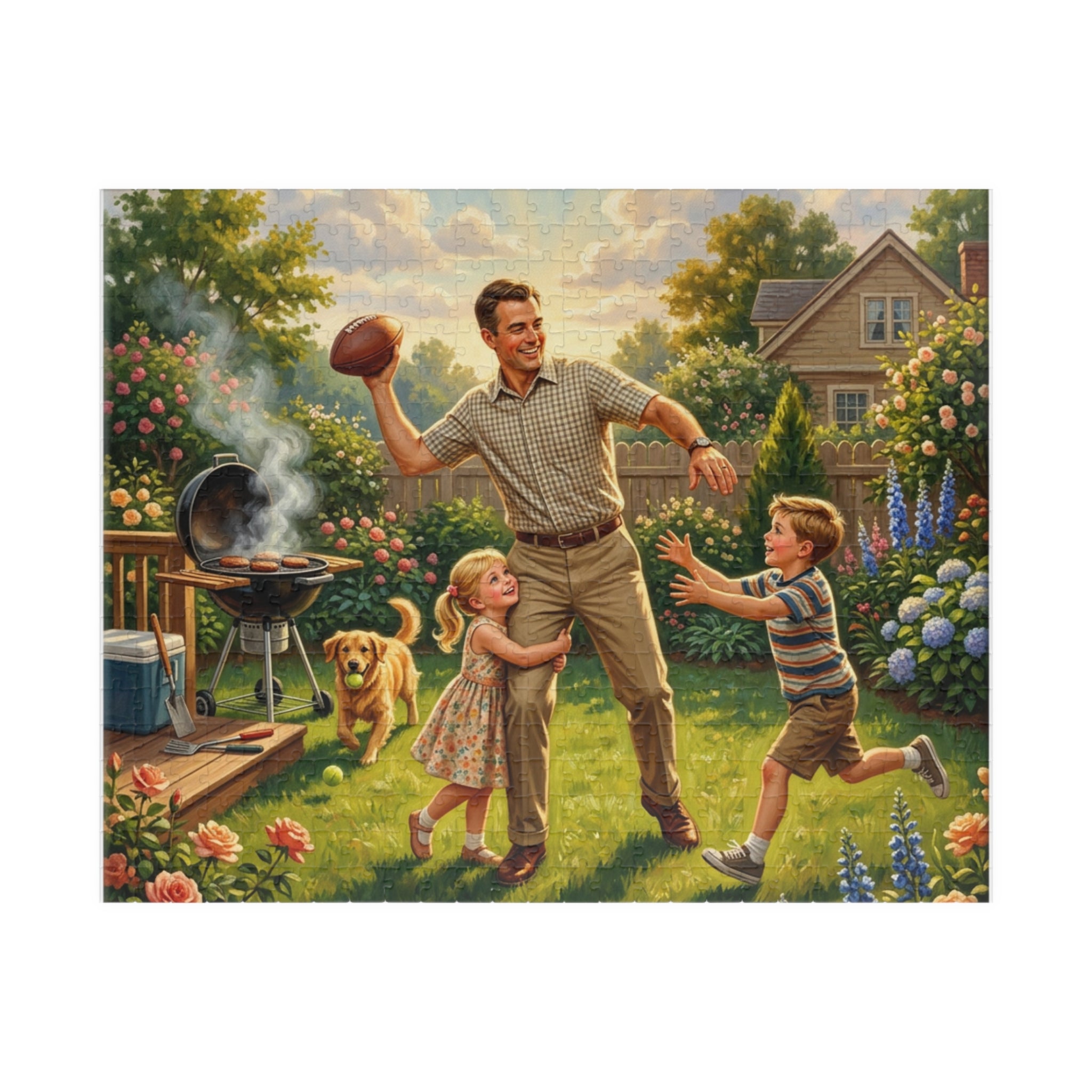 Backyard Family Football Puzzle — Vintage Dad Playing with Kids (110–520pcs)