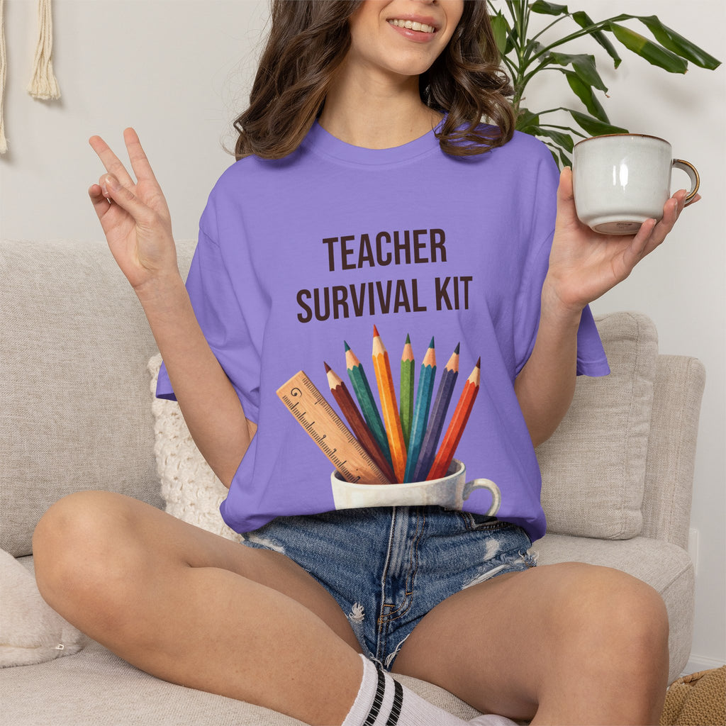 Teacher Survival Kit T-Shirt — Cute Pencil & Mug Graphic Tee for Teachers, Back-to-School Gift