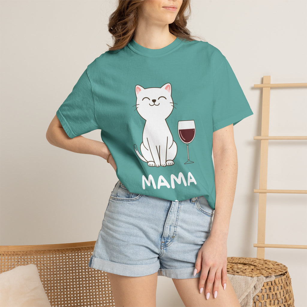 Mama Cat T-Shirt — Cute Cat & Wine Graphic Tee for Cat Moms