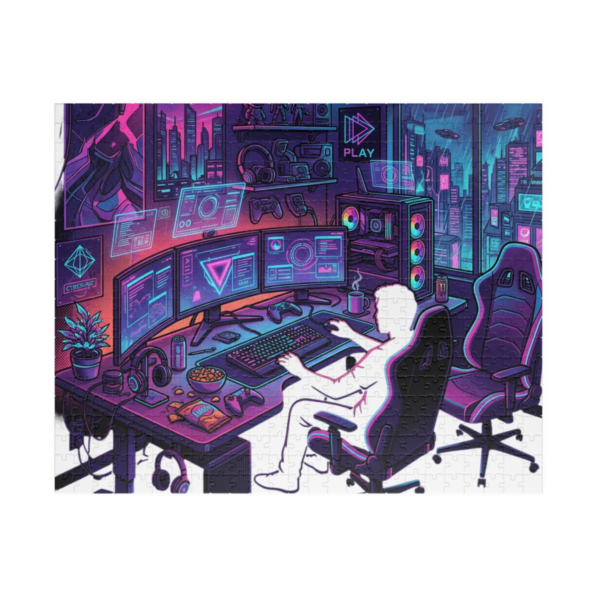 Gaming Setup Jigsaw Puzzle — Neon Cyberpunk Streamer Scene (110/252/520/1014 pcs)