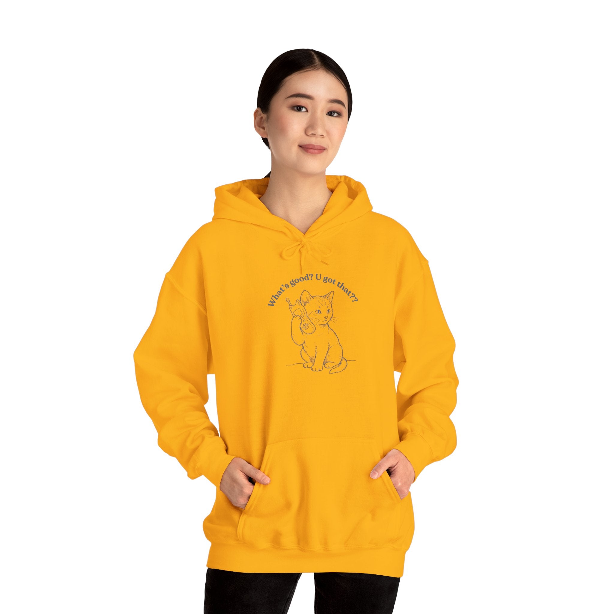 Fun Cat on Phone Hoodie — "What’s good? You got that??"