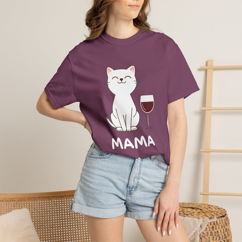 Mama Cat T-Shirt — Cute Cat & Wine Graphic Tee for Cat Moms
