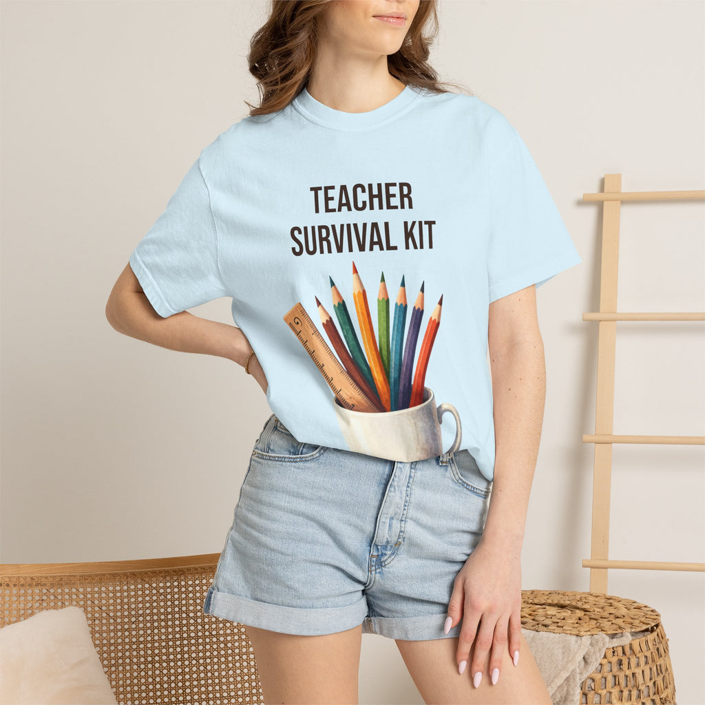 Teacher Survival Kit T-Shirt — Cute Pencil & Mug Graphic Tee for Teachers, Back-to-School Gift