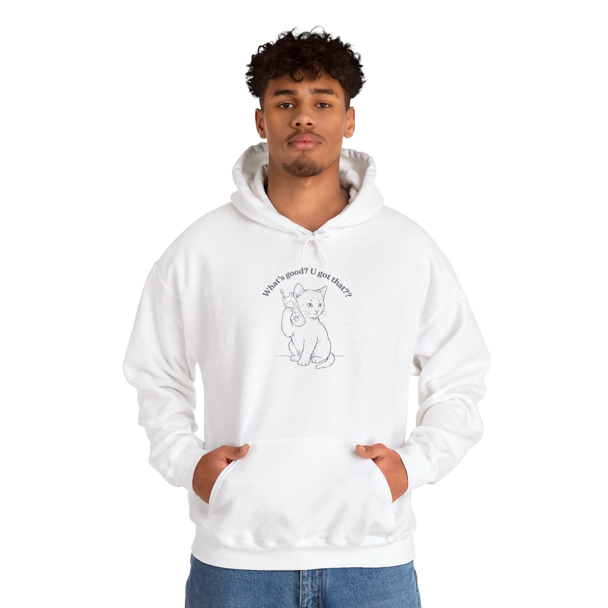 Fun Cat on Phone Hoodie — "What’s good? You got that??"