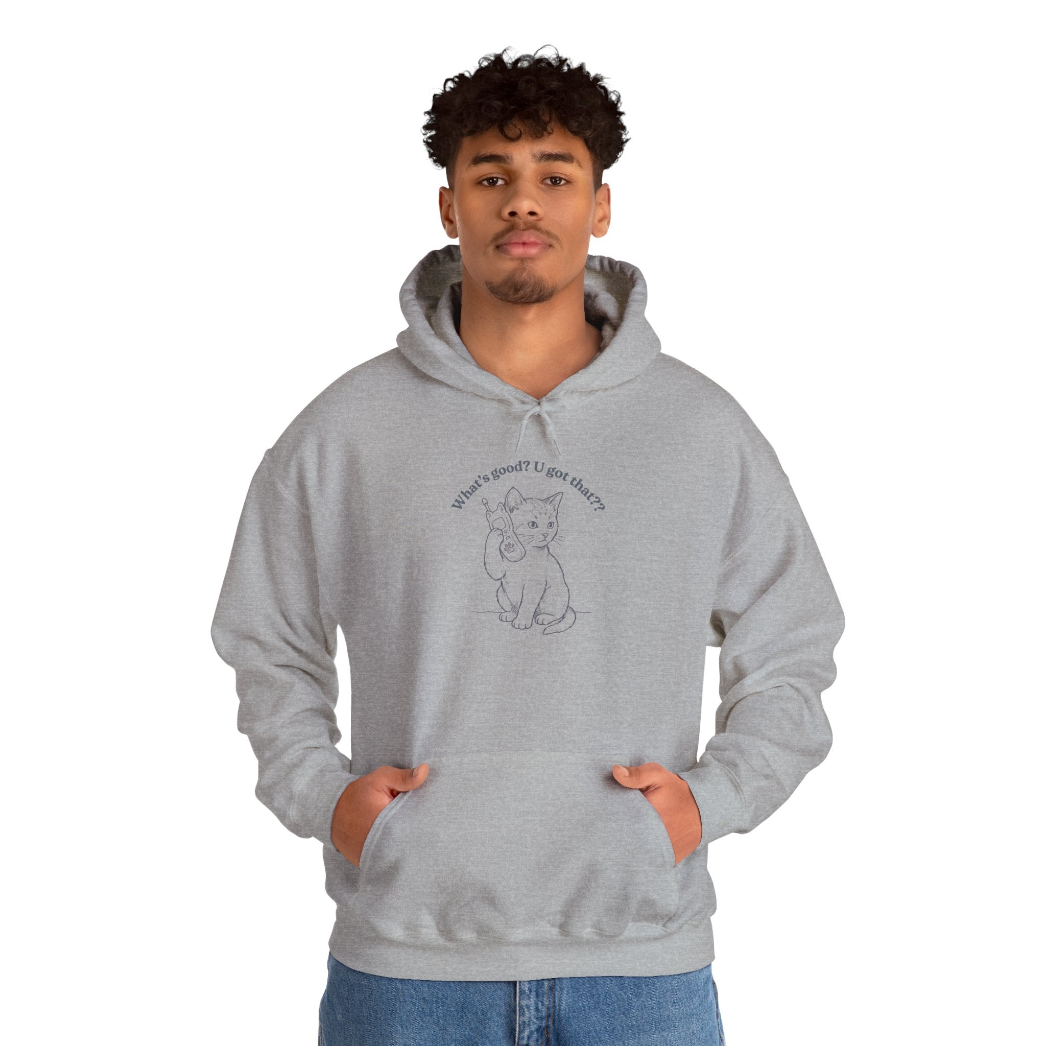 Fun Cat on Phone Hoodie — "What’s good? You got that??"