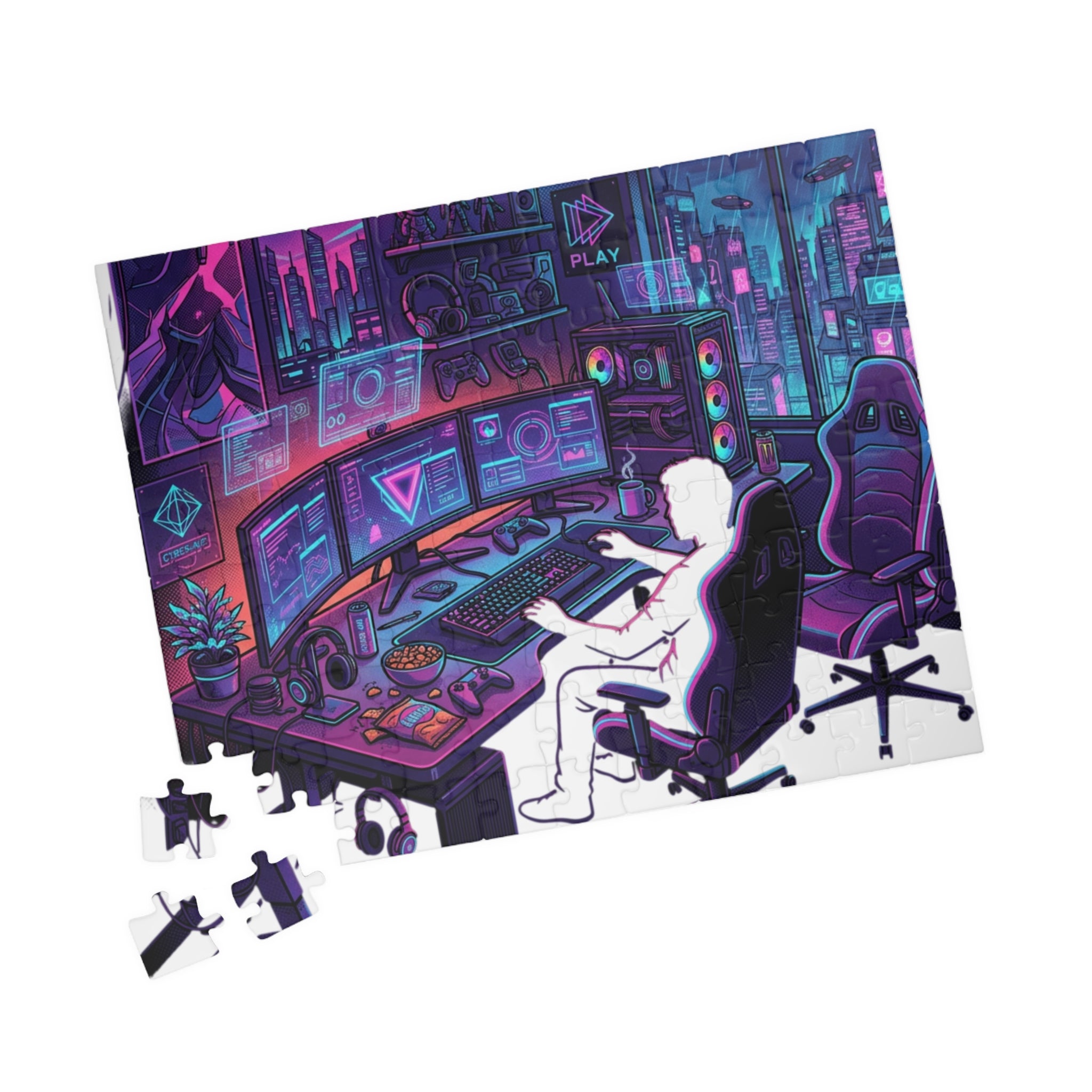 Gaming Setup Jigsaw Puzzle — Neon Cyberpunk Streamer Scene (110/252/520/1014 pcs)