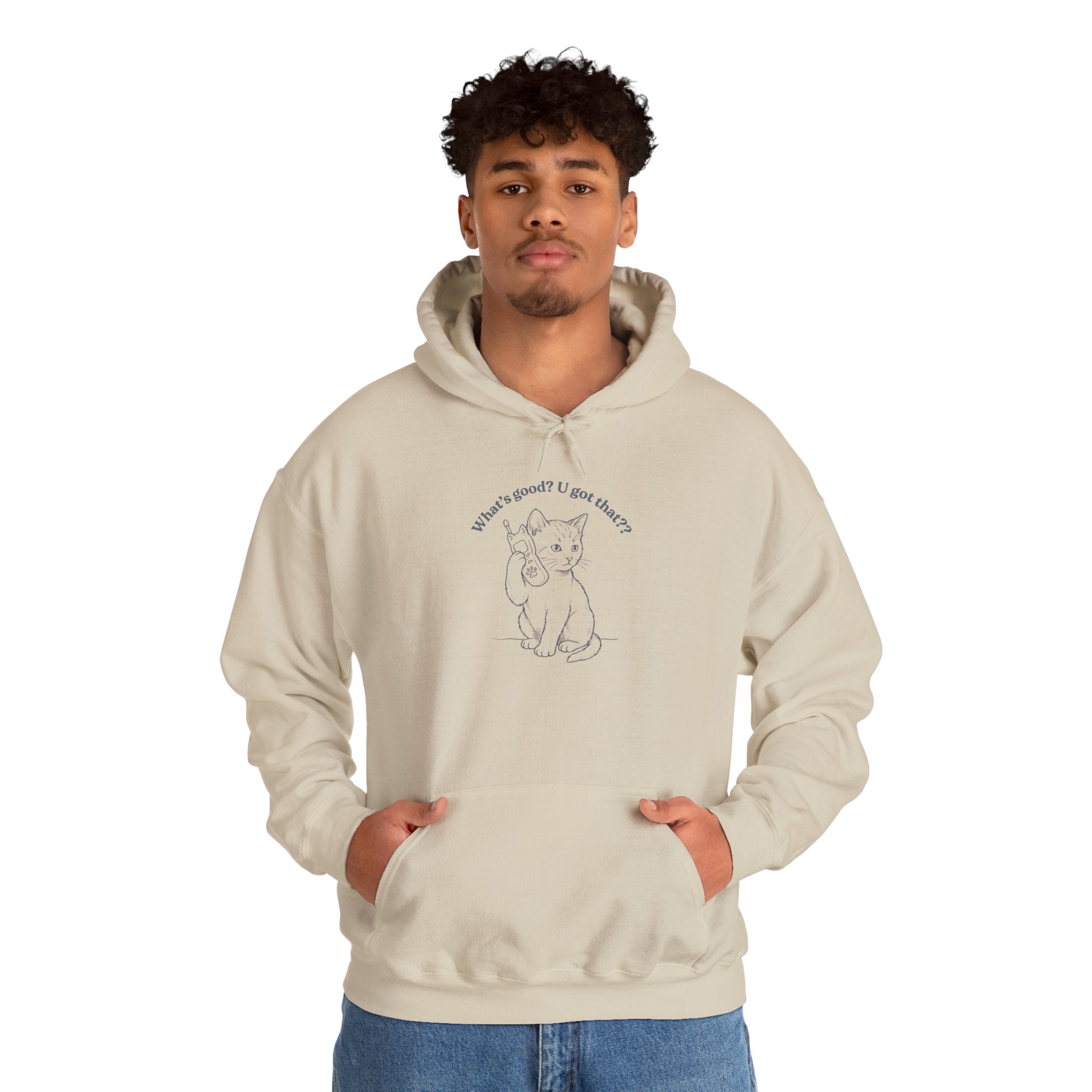 Fun Cat on Phone Hoodie — "What’s good? You got that??"
