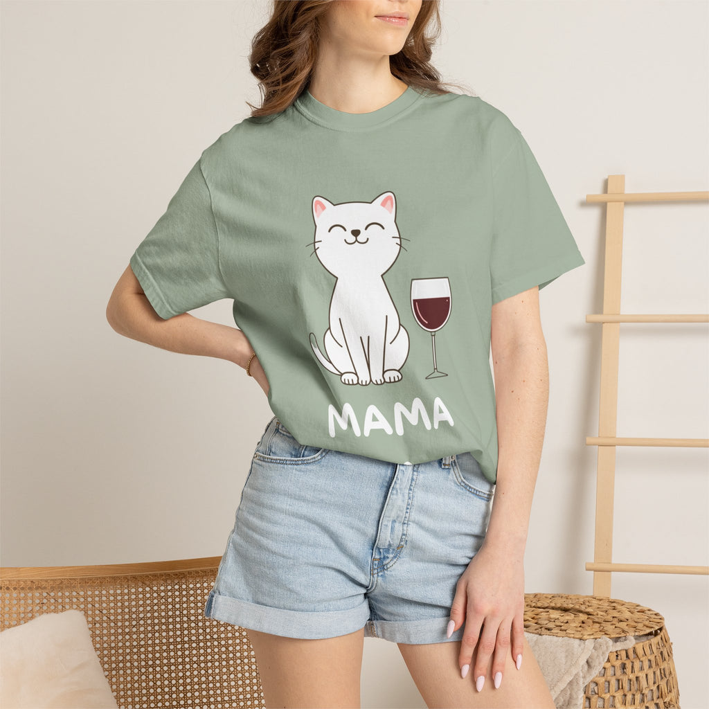 Mama Cat T-Shirt — Cute Cat & Wine Graphic Tee for Cat Moms