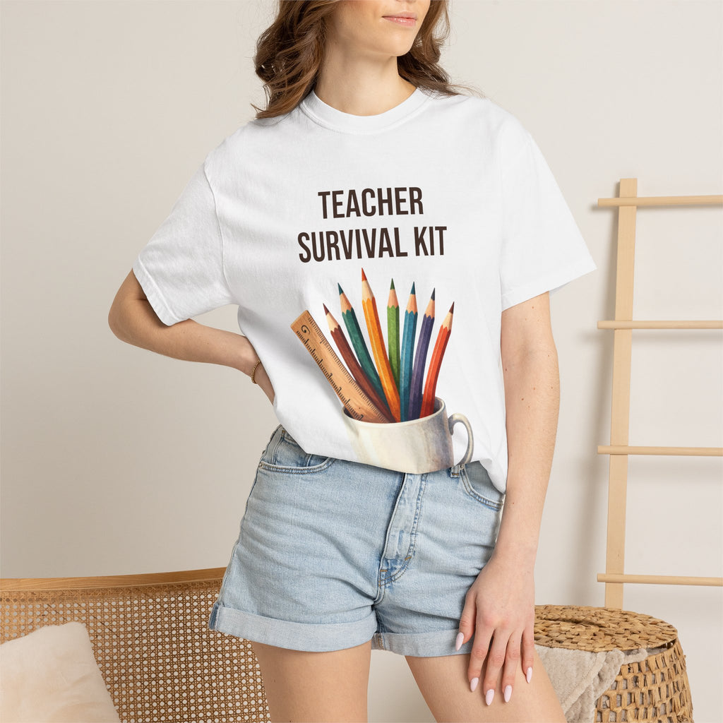 Teacher Survival Kit T-Shirt — Cute Pencil & Mug Graphic Tee for Teachers, Back-to-School Gift