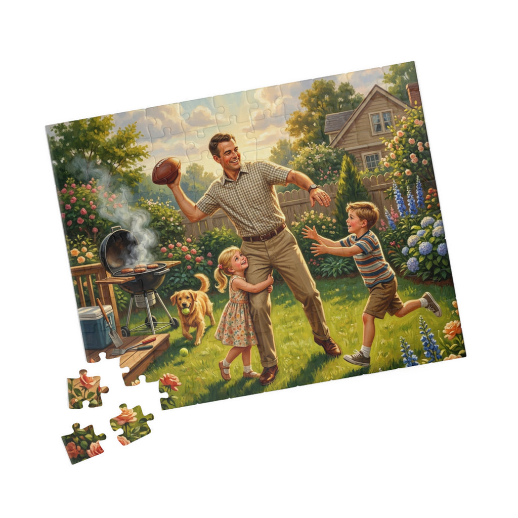 Backyard Family Football Puzzle — Vintage Dad Playing with Kids (110–520pcs)