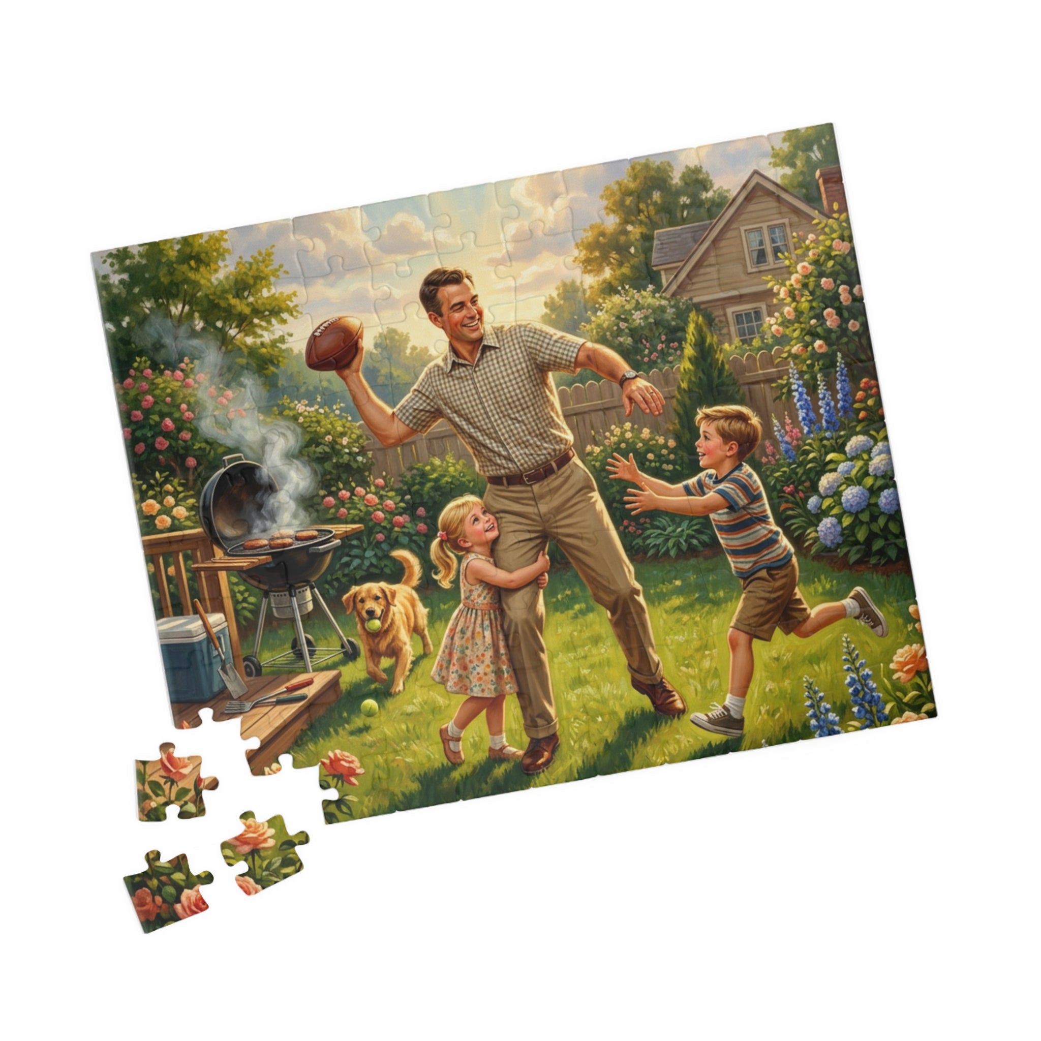 Backyard Family Football Puzzle — Vintage Dad Playing with Kids (110–520pcs)