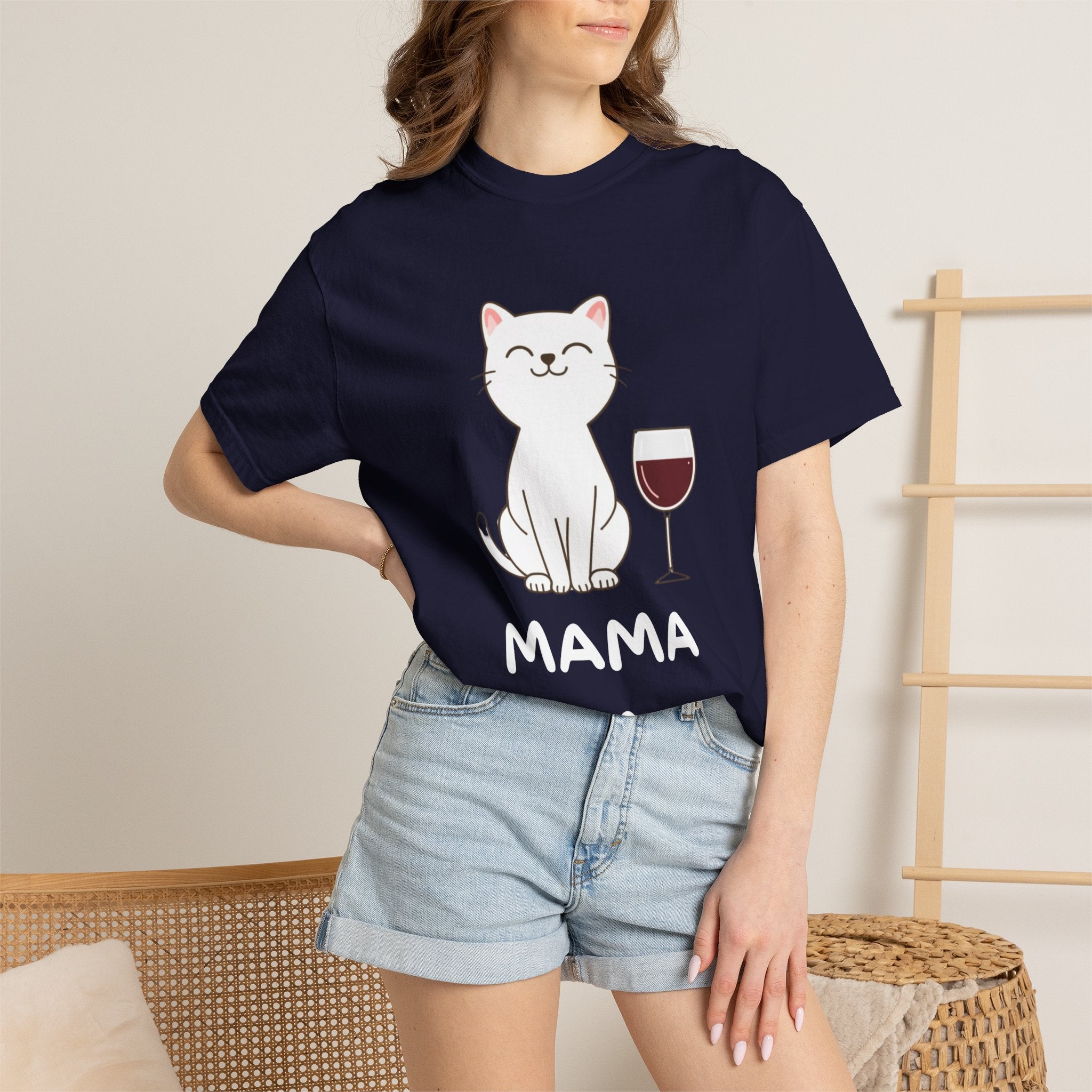 Mama Cat T-Shirt — Cute Cat & Wine Graphic Tee for Cat Moms