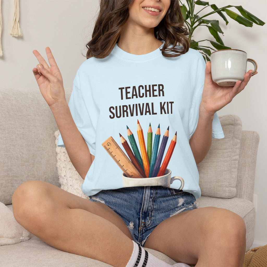 Teacher Survival Kit T-Shirt — Cute Pencil & Mug Graphic Tee for Teachers, Back-to-School Gift